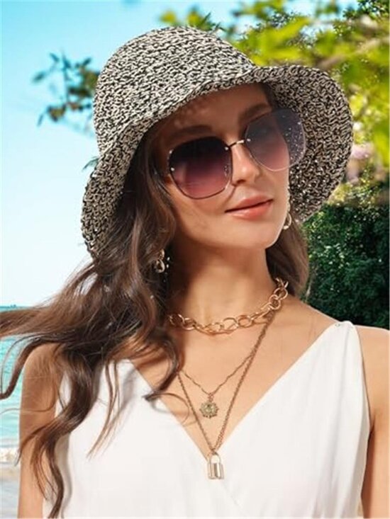 Women\'s Sun Hat Handmade Crochet Straw Bucket Hat Summer UV Protection Foldable main image 6